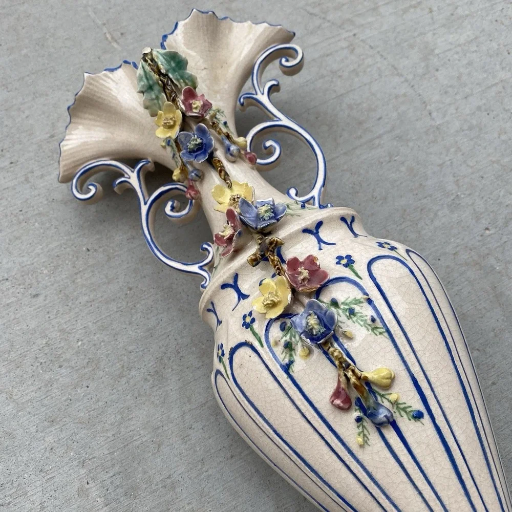 Antique Majolica Vase Earthenware French Hand Painted Faience 19th-20th Century